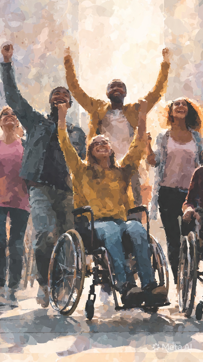 Un gruppo di persone, alcune in carrozzina, che alzano le mani in segno di gioia e vittoria