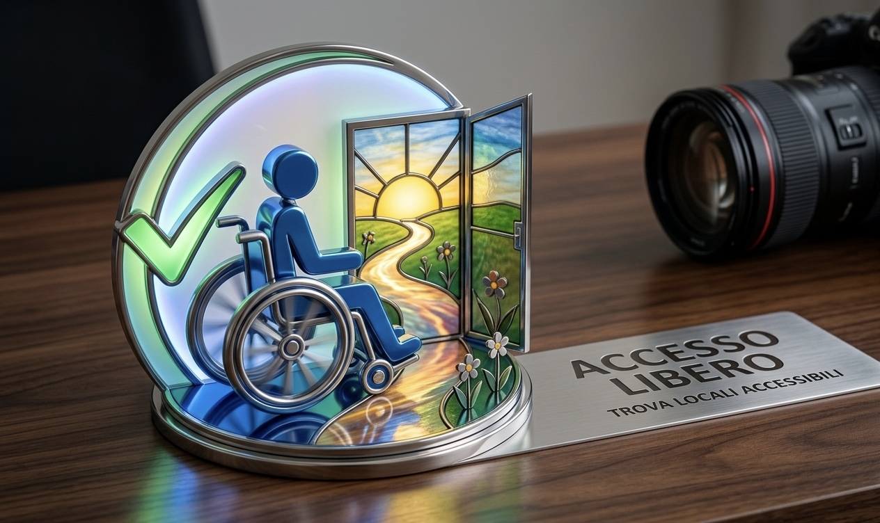 Illustrazione 3D: persona in carrozzina davanti a una porta aperta su un paesaggio luminoso